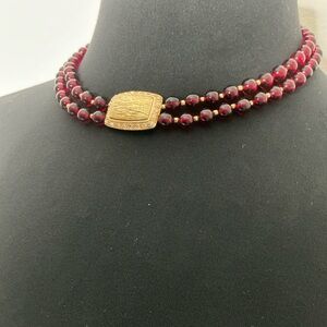 Elegant Double-Strand Red Beaded Necklace with Gold Clasp